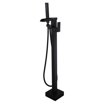 Matte Black Tub Faucet With Handheld Shower And Waterfall Design - Stainless Steel, High Flow, Rust & Corrosion , Freestanding For A Luxury Bathroom Steel Filler Black, Waterfall-Style Spout,