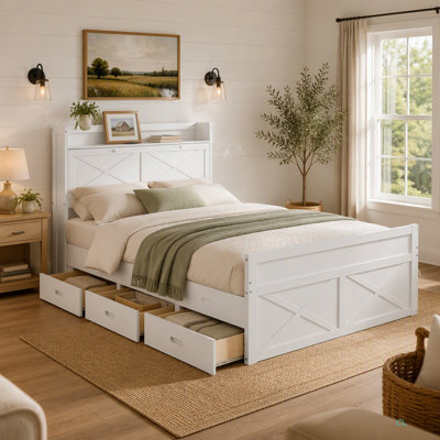 Lit double en bois avec tête de lit avec prises de courant, lit extensible avec lit gigogne simple avec trois tiroirs de rangement