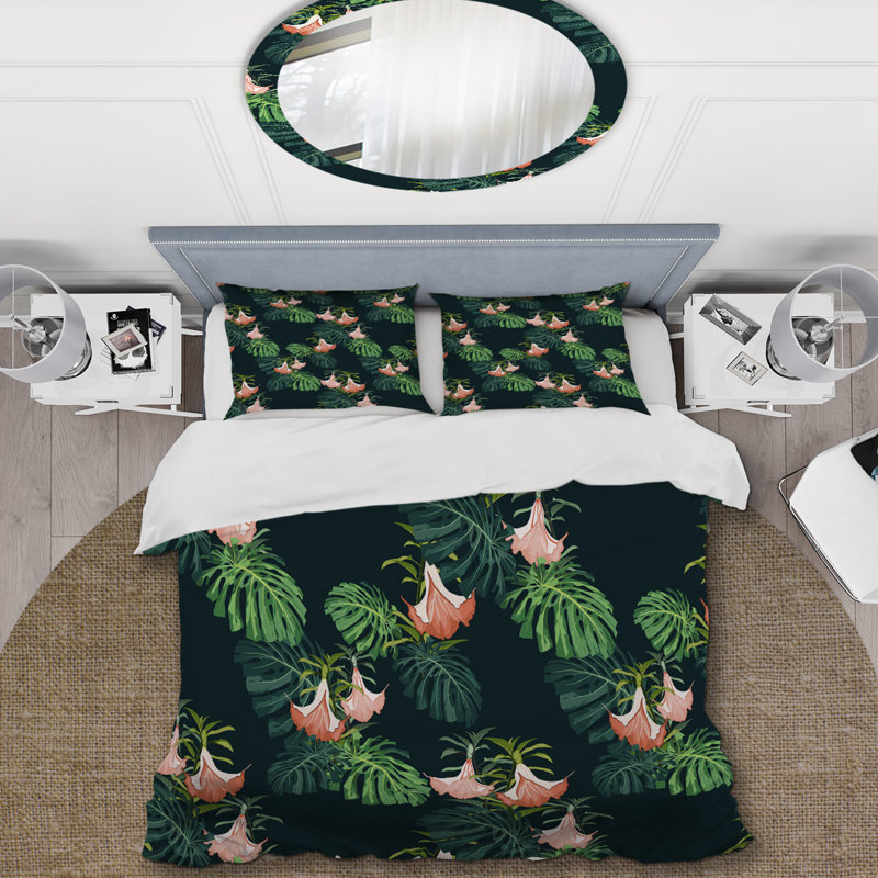 Dark and Bright Jungle Leaves - Ensemble de housse de couette à motif floral - Microfibre de polyester
