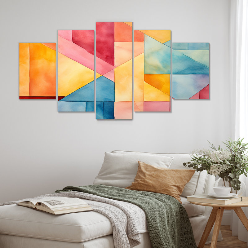 «Pastel Colors Contrasting Geometric Composition II», toile d'art abstrait à multiples panneaux muraux géométriques