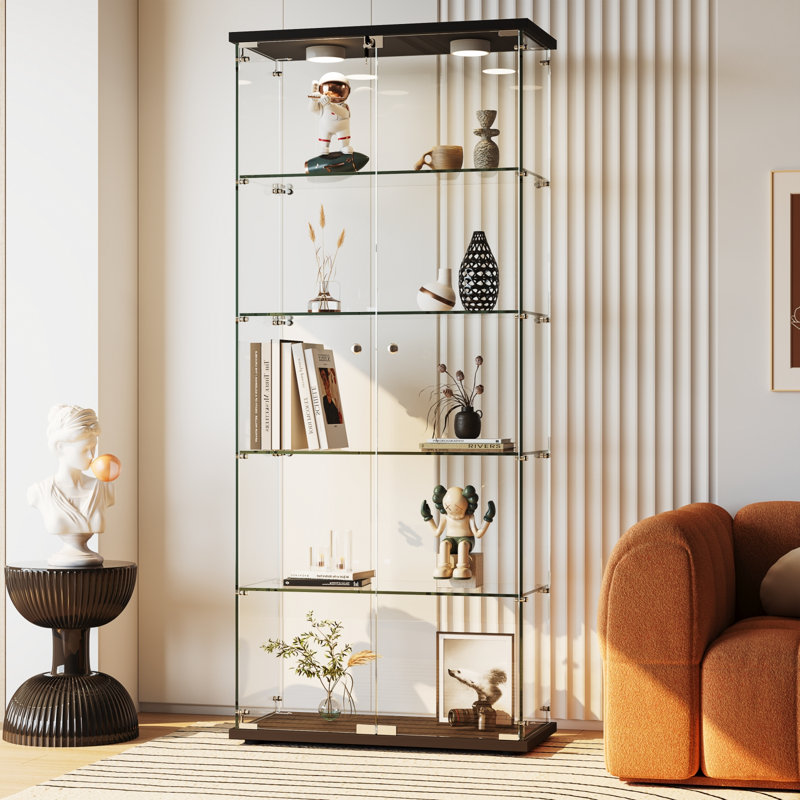 5 Shelves Display Cabinet with Tempered Glass Door and LED Light & Lock for Living Room and Dining Room, Black
