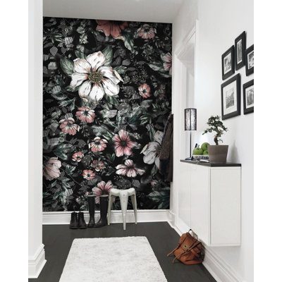 Dark Floral White Daisy Pink Flowers Removable Wallpaper