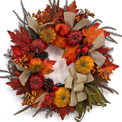 Fall Wreath for Front Door with Maple Leaves, Pumpkins, Pinecones, Orange Berries and Burlap Bow, Rustic Farmhouse Autumn Harvest Décor for Porch, Wall, Window and Home Decoration
