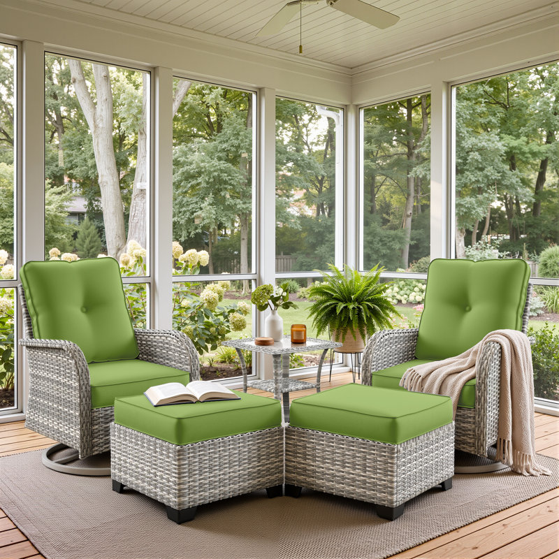 Ensemble de chaises pivotantes d'extérieur 5 pièces avec coussins, repose-pieds et table d'appoint, Vert lime