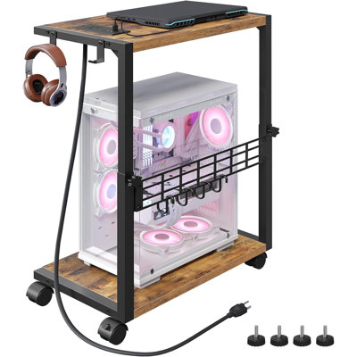 PC Stand With Charging Station, CPU Holder Cart On Wheels With Power Outlet, USB & Type-C Ports, Under Desk Organizer For Tower Computer With Hooks, Easy Assembly
