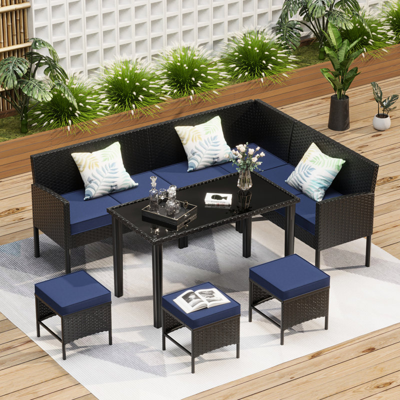 Outdoor Patio Furniture , 7 - Piece, Dark Blue, Comfortable High Elastic Cushions, Powder Coated Steel Seating Group, Blue Glass Tabletop, Skin Structure
