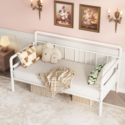 Cadre de lit de jour robuste en métal (taille standard) – Tête de lit classique, sommier à lattes en acier renforcé, silencieux, plateforme de canapé-lit pour salon ou chambre d'amis, sommier non requis – Blanc