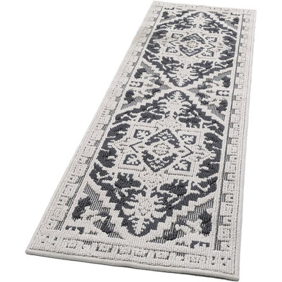 Washable Vintage Hallway Runner, Non-Slip Rubber Backing, Floral Medallion Design for Kitchen, Entryway, Laundry (Grey)