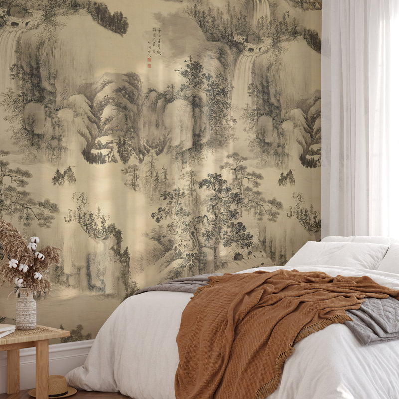 Beige Chinese Landscape Oriental Wallpaper
