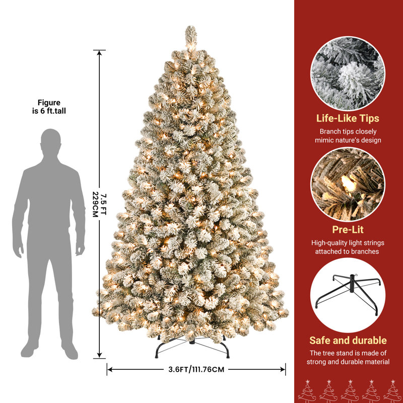 Arbre de Noël artificiel épinette enneigé, lumières incandescentes blanc chaud, support pliable, arbre de Noël enneigé , 7.5'