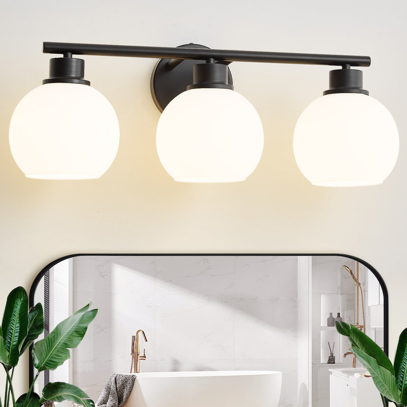 Kyller Modern light  Bathroom Vanity Lighting With Opal Globe Shades Dimmable Bathroom Light Fixtures, Matte Black, 3