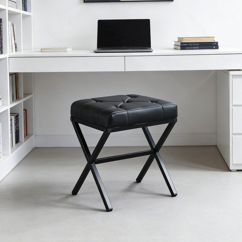 Tabouret / Chaise, 1 pièce, cuir noir, pieds en métal, 40,5 x 33,5 x 44,5 cm, Noir