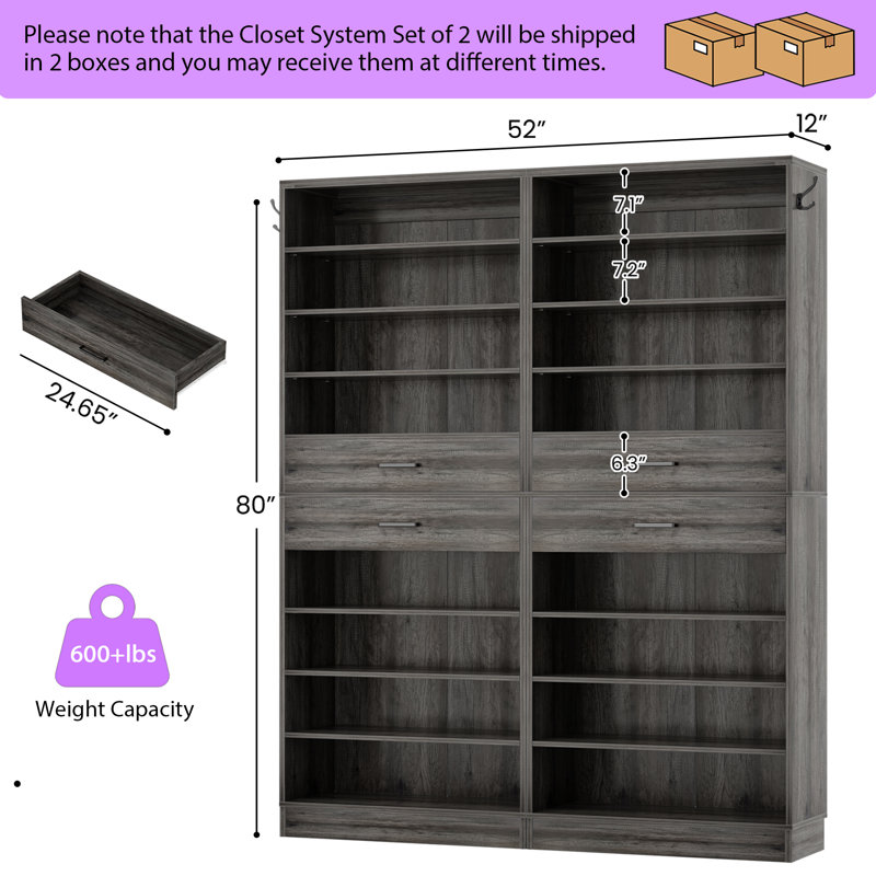 52" W Closet System With Drawers, Gray Oak