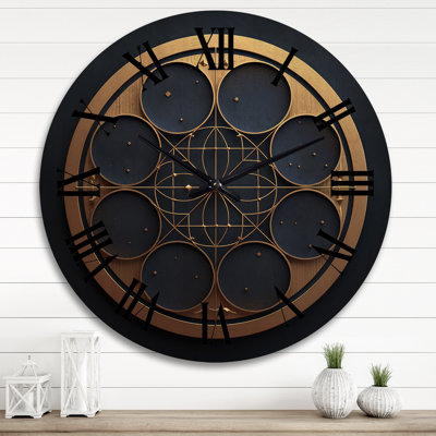 Modern Geometric Oversized Wood Wall Clock - Sacred Geometry In Blue And Gold I