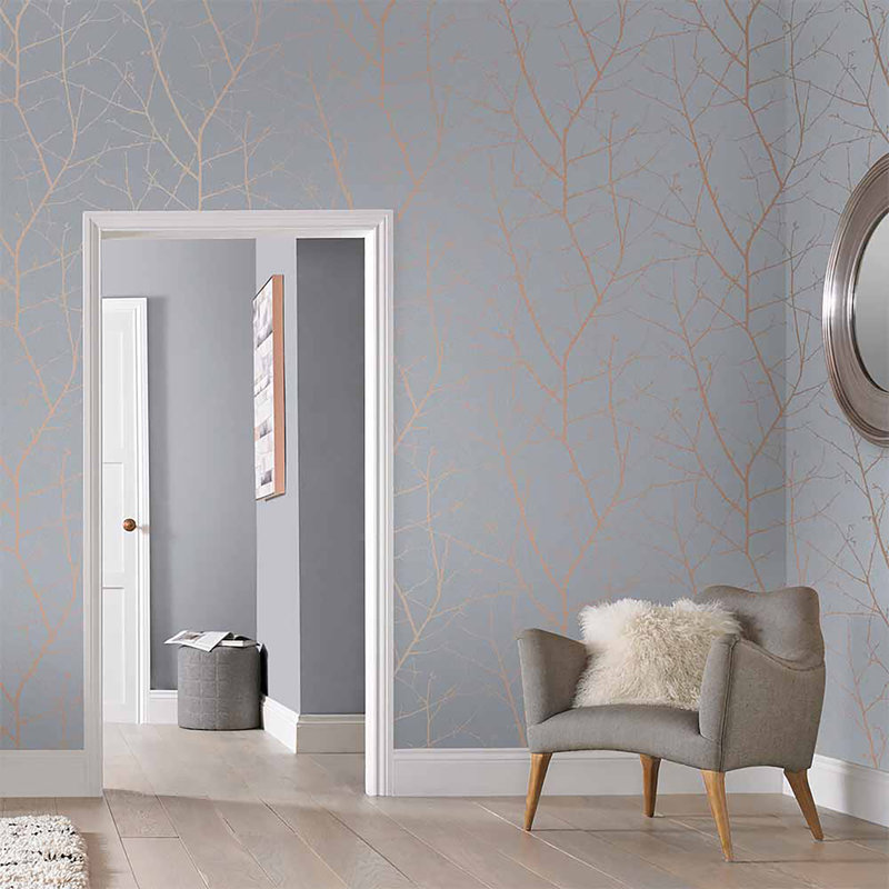 Floral Metallic Wallpaper Double Roll, Gray/Rose Gold