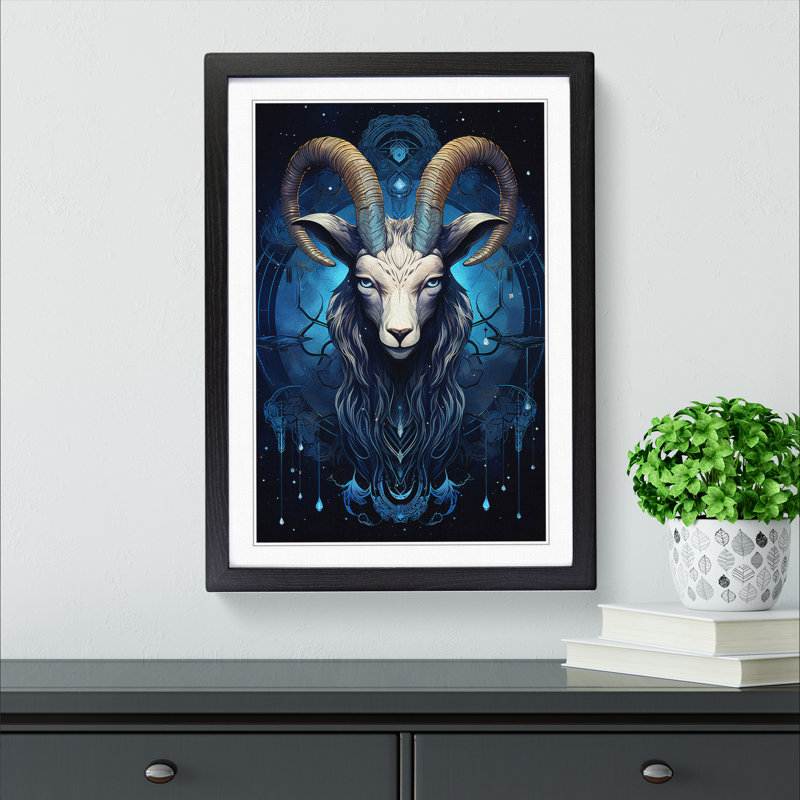 Capricorn Zodiac Geometric - Single Picture Frame Print on Wood, 64cm H x 46cm W x 2cm D, Black 