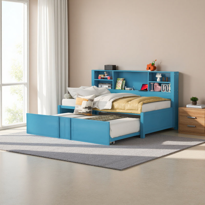 Metal Twin Size Daybed With Twin Size Trundle, Storage Shelves And USB Ports, Blue