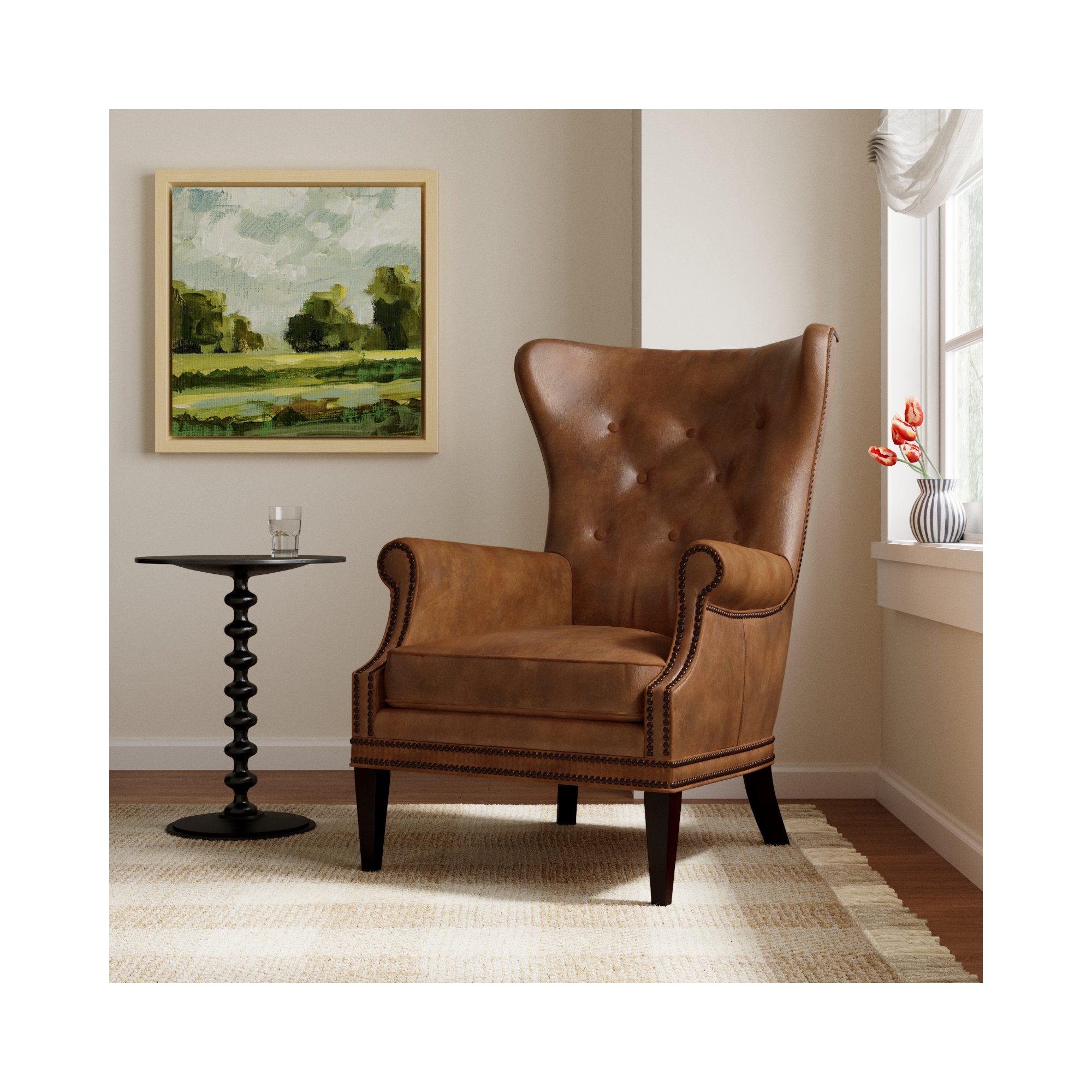 Maya Upholstered Wingback Chair, Brown Genuine Leather