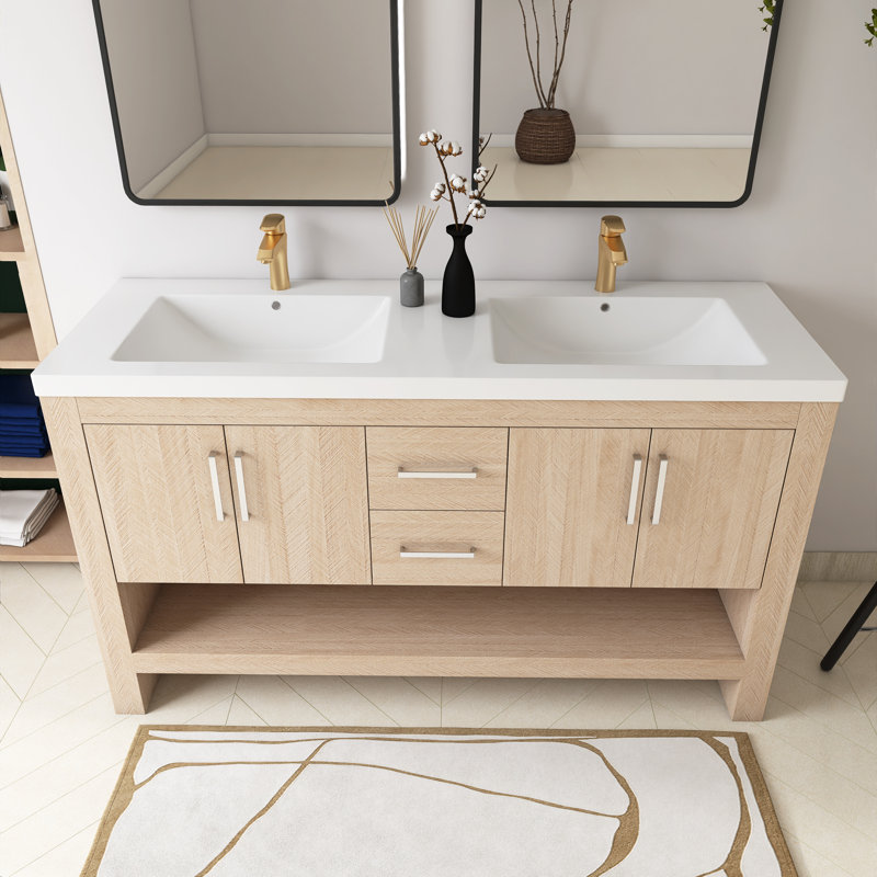 60 In. W X 21 In. D X 35 In. H Double Sink Freestanding Bath Vanity In Light Oak With White Acrylic Top