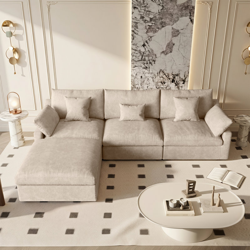 Slipcovered Upholstered Modular Sofa With Ottoman, 29.53" H x 119.29" W x 77.95" D, Khaki
