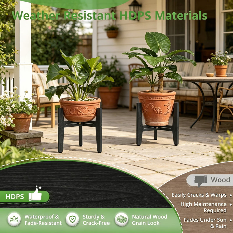Support à plante réglable ajustable pour une utilisation intérieure et extérieure, support pour plante HDPS moderne robuste avec finition grain de bois, pour pots de 8 à 12 pouces, paquet de 2