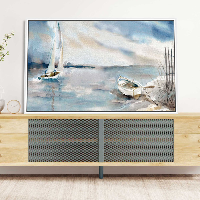 «Panoramic Coast» par Carol Robinson - Peinture, L 63,5 po x H 39,5 po, Cadre blanc