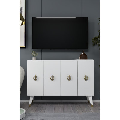 Console moderne blanche et dorée, 47,2 po x 31,5 po x 11,6 po | 100% panneau de particules enduit de mélamine, épaisseur: 0,71 pouce | Fixation murale avec de nombreuses tablettes, design élégant et fonctionnel pour le salon et le vestibule