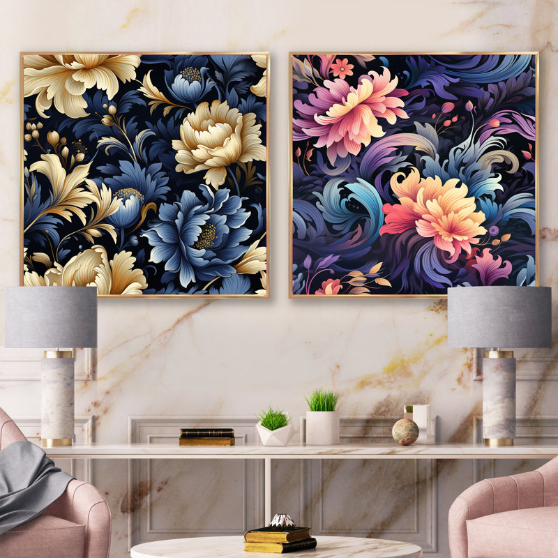 «Celestial Blue Damask Mirage» - Ensemble de 2 collages carrés botaniques abstraits, Cadre flottant doré, H 16 po x l 33 po