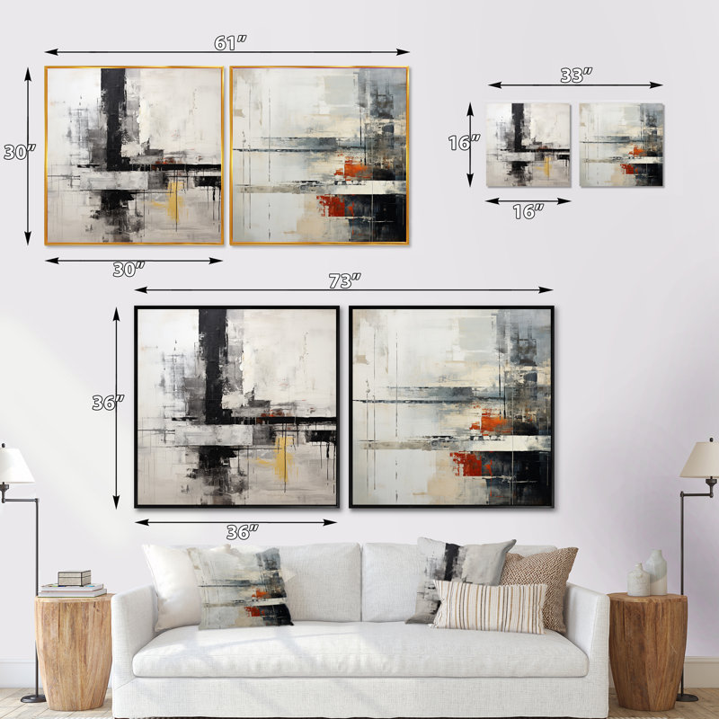 Collage abstrait beige et noir sur route - ensemble de 2 collages abstraits carrés, Cadre flottant doré, H 30 po x l 61 po