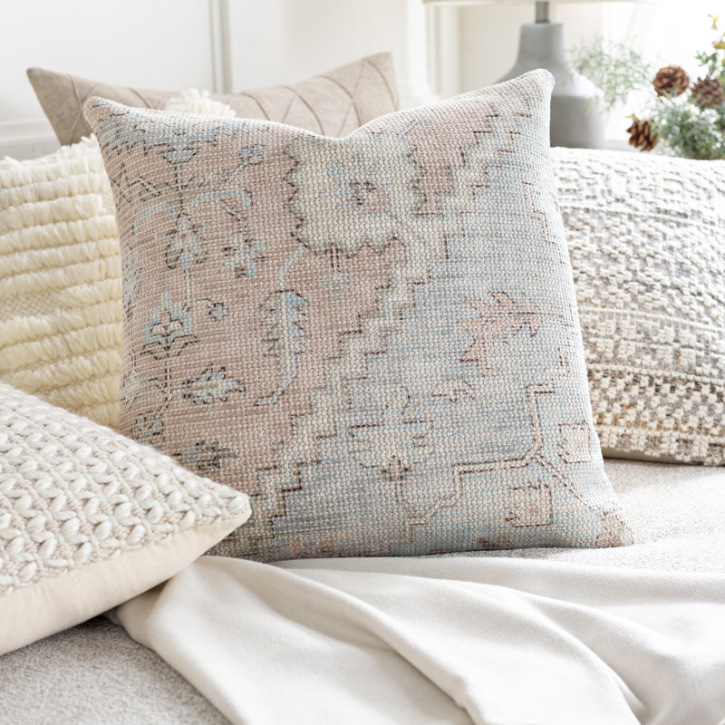 Samsun 22'' Beige and Blue Cotton Blend Reversible Throw Pillow