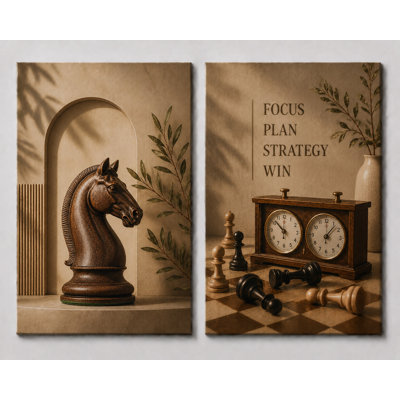 Très grand ensemble de 2 échecs rétro, art mural, stratégie rustique, impressions sur toile, décoration de bureau 24 x 36 pouces - prêt à être accroché