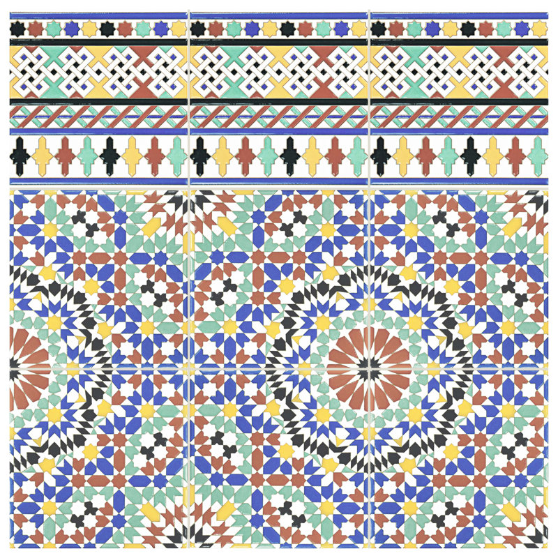 Sevillano Giralda 8" x 8" Ceramic Cenefa Border Tile in Blue/Red/Green