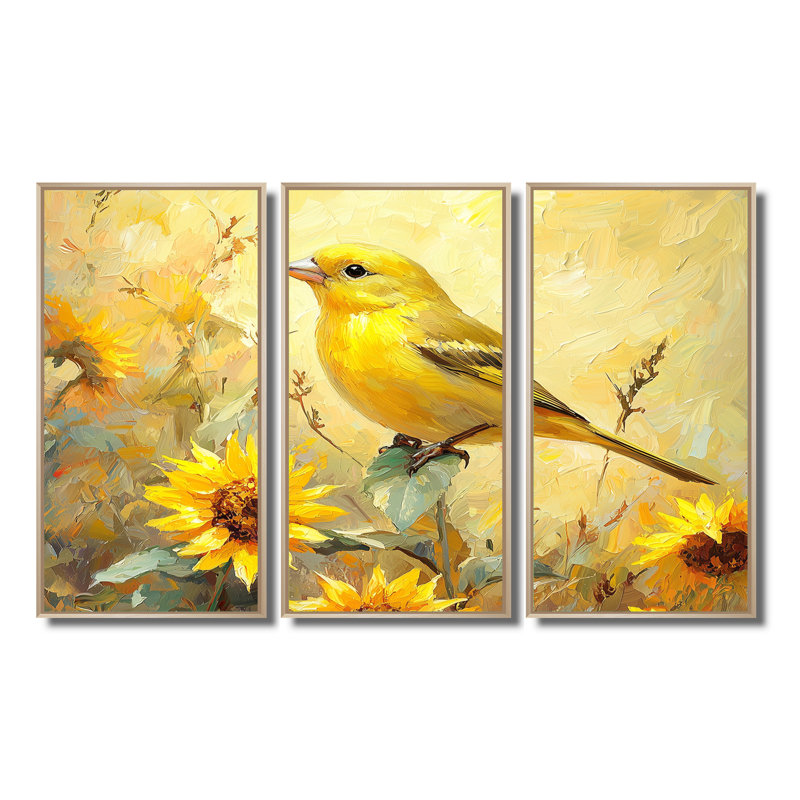 «Finch Bird in The Farm Sunflowers III» - art mural oiseau - ensemble de 3, H 28 po x l 36 po, Érable