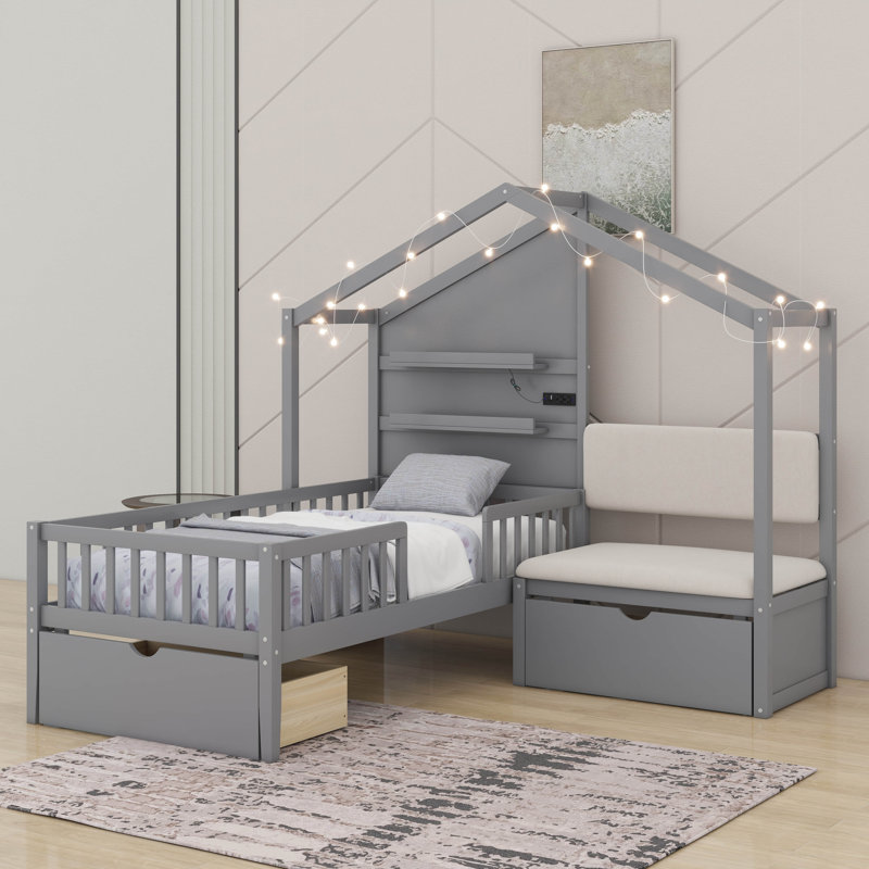 Lit simple avec canapé-lit, lit maison avec station de charge, tiroirs et tablettes, Gris