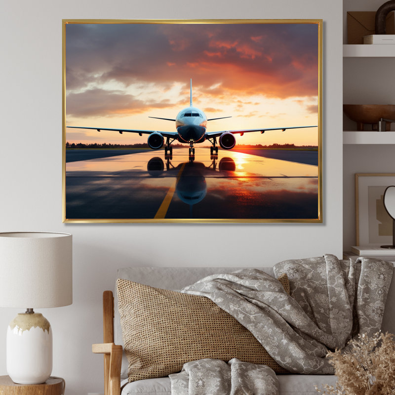 Photo prête à décoller de l'avion - impressions sur toile modernes, Cadre flottant doré, H 16 po x l 32 po x P 1 po