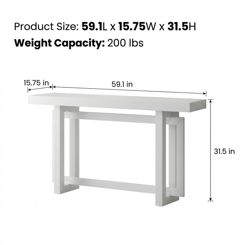 Très grande table d'entrée très longue peinte avec placage de pin et conception rectangulaire unique, console robuste avec pieds en bois de pin épais