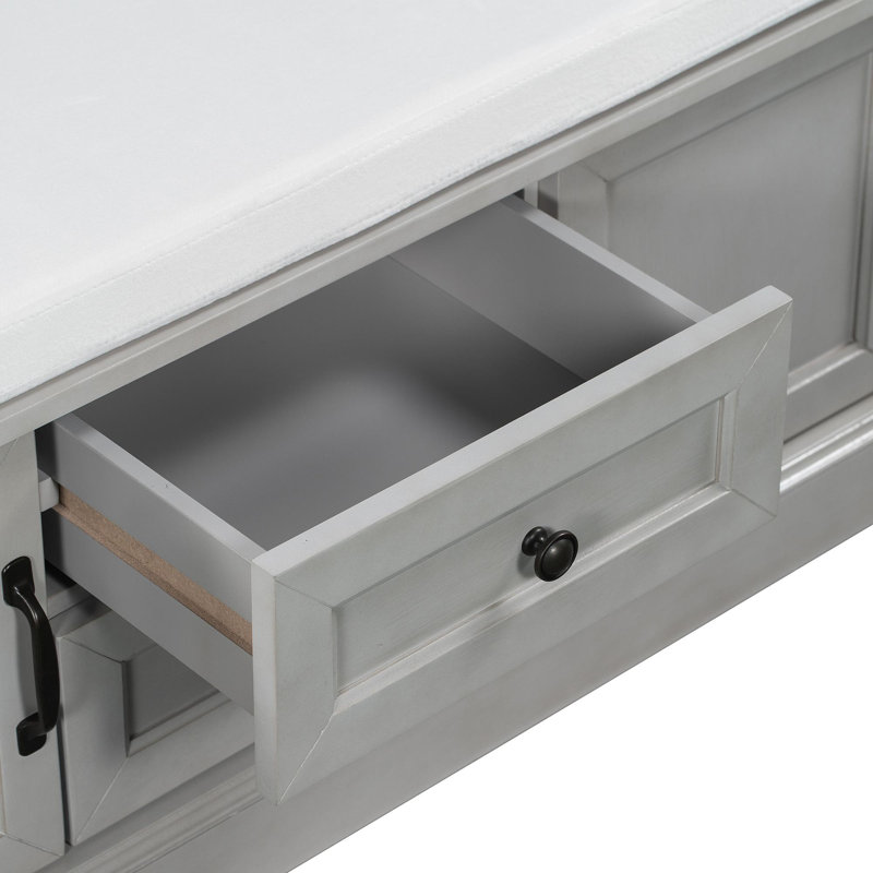 Banc de rangement avec 2 tiroirs et 2 armoires, banc à chaussures avec coussin amovible pour le salon, vestibule (gris délavé)