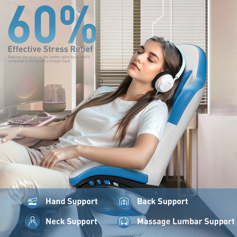 Metro Lane Adjustable Reclining Ergonomic Faux Leather Swiveling PC & Racing Game Chair with Footrest, White/Blue