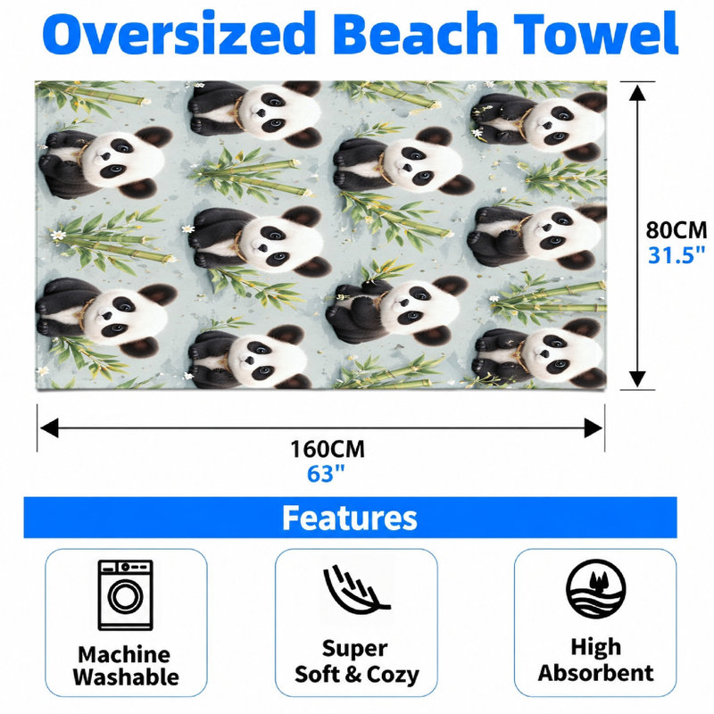 1 serviette de plage Panda mignonne, microfibre à séchage rapide pour les voyages, le bain, la natation, la gym