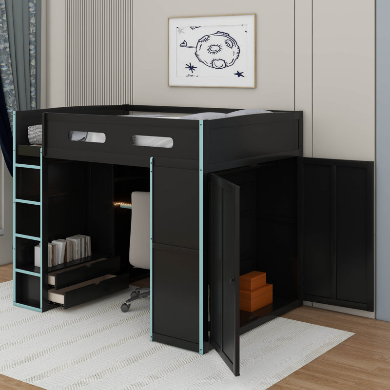 Lit mezzanine double en bois avec bureau, garde-robe, grand espace de rangement et lumière DEL RVB, Bleu nuage