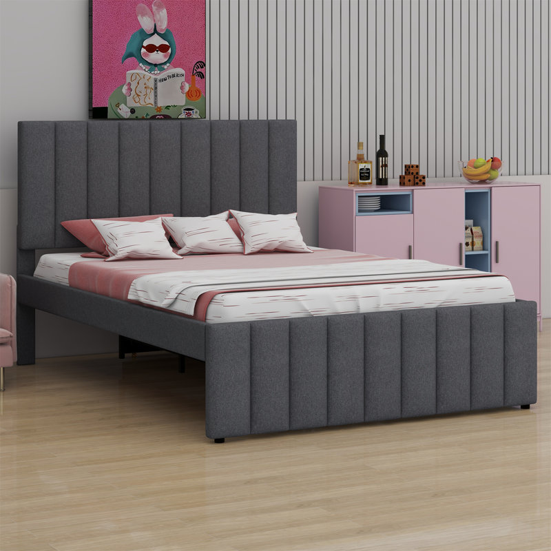 Lit plateforme tapissier avec lit gigogne et 3 tiroirs, Gris