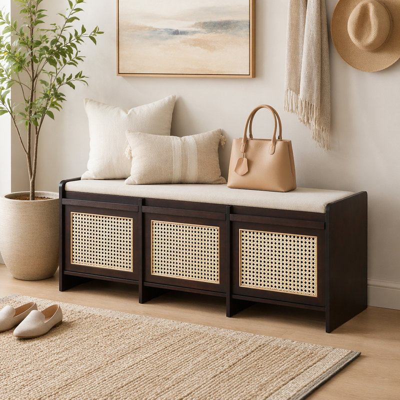 Banc de rangement pour chaussures de 48 po, banc de rangement rétro avec tiroirs en rotin et coussin amovible rembourré à boutons