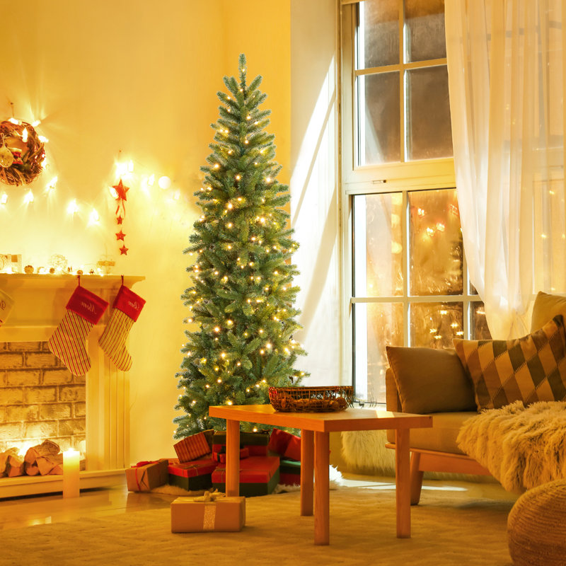 6'/7.5' H Slender Green Realistic Artificial Spruce Christmas Tree w/ LED Lights, 6' H