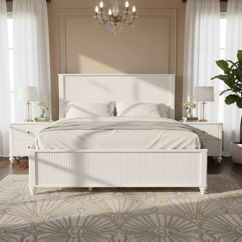Bennett Mid-Century Modern Wooden Platform Bed With Headboard And Footboard, White, Queen