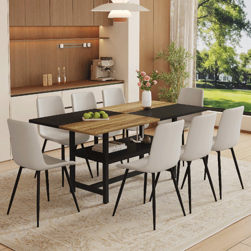 Ensemble de table de salle à manger 9 pièces en bois avec fonction de rangement et chaises en similicuir, Beige