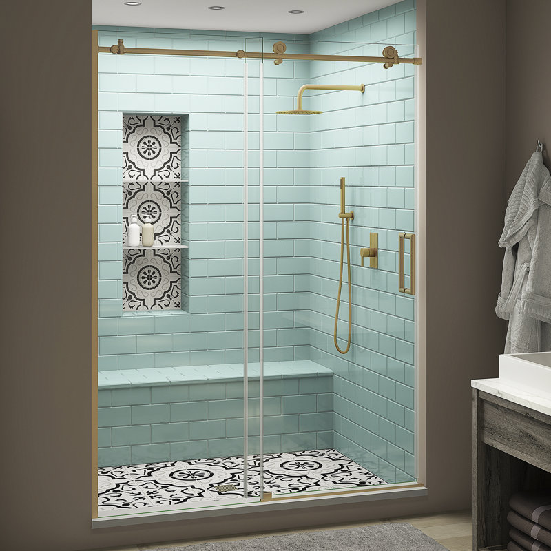 Coraline XL  56" W x 80" H  Single Sliding Frameless Shower Door with StarCast by EnduroShield, Right Opening, Gold