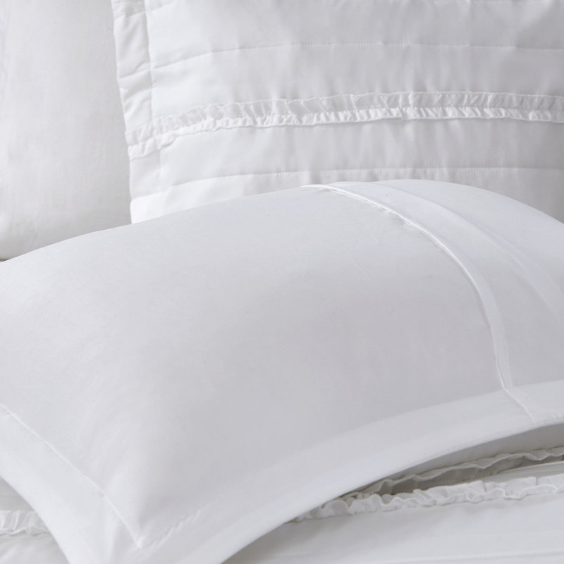 Édredon en microfibre blanc grand - à volants et rembourré, 5 avec édredon, 2 taies décoratives, coussin décoratif, jupe de lit, rembourrage lavable à la machine inclus