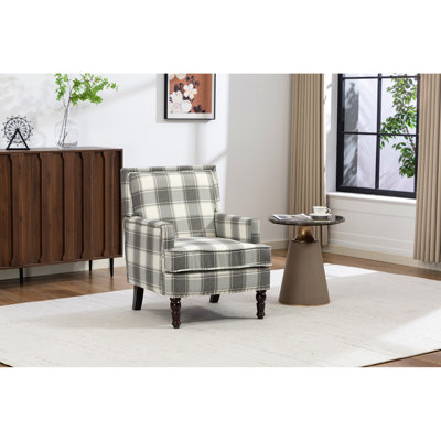 Fauteuil d'appoint rembourré, fauteuil vintage avec pieds en bois massif, revêtement en lin gris et garniture cloutée pour salon