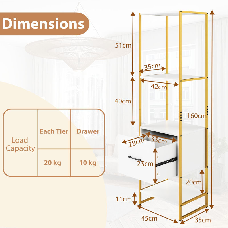160cm H x 45cm W Metal Bookcase, White