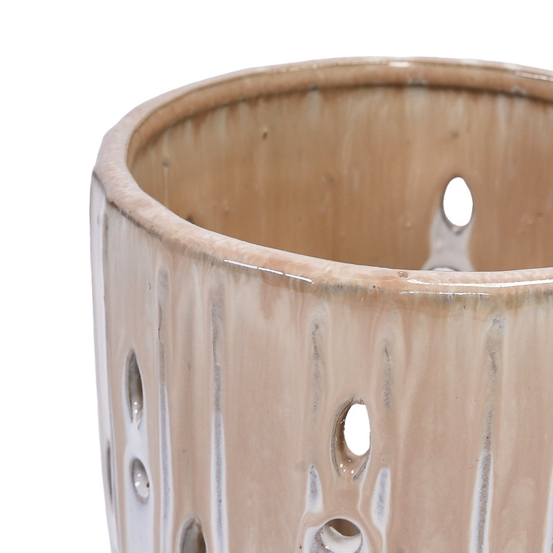  8" Striped Ceramic Flowerpots, Of 2 With Drainage Hole. All - Weather For Patio, Garden, Windowsill, Functional Modern Flowerpots In White, Ideal Windowsill. Weather, ,